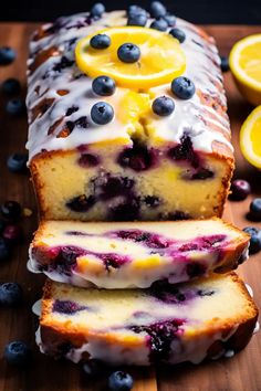 a loaf of lemon blueberry bread on a cutting board