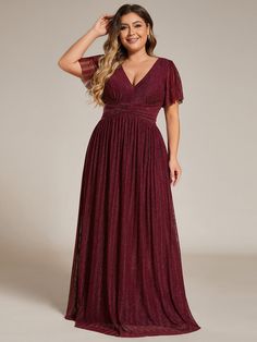 Plus Size V-Neck Glittery Short Sleeves Formal Evening Dress with Empire Waist #color_Burgundy Burgundy Bridesmaid Dresses Plus Size, Plus Size Gold Dress, Maroon Bridesmaid Dresses Burgundy, Mother Of The Bride Dresses Plus Size, Wessing Dresses, Formal Plus Size Dresses, Plus Size Bridesmaids, Dresses For Big Bust, Dress For Chubby