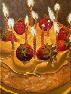 a painting of strawberries and candles on a cake