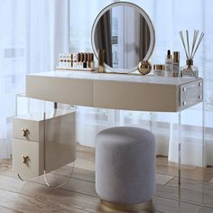 a vanity with a mirror and stool in front of it on a wooden floor next to a window