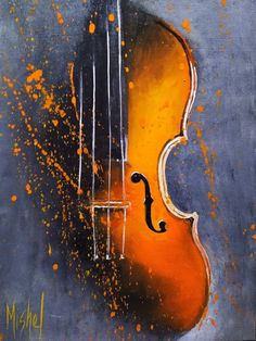 an abstract painting of a violin with orange and black paint splatters on it