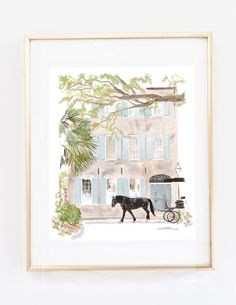 a painting of a horse and buggy in front of a building with blue shutters