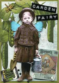 an altered photograph of a little boy dressed up as a garden fairy with gardening tools