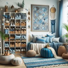 a living room filled with lots of blue and white furniture next to a large window