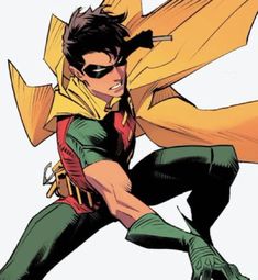 a young man dressed as robin bird flying through the air with his arms out and one hand on his hip