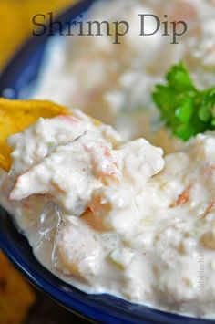 shrimp dip with tortilla chips on the side