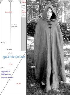 Pattern for a long, full cape with hood. The shoulder curves should be cut out after the gores have been attached to the sides. You get a nicer, wider curve that way. You should draw and pin the sh... Cosplay Tricks, Medieval Costumes, Cape With Hood, Medieval Garb, Cape Pattern, Viking Clothing, Womens Clothing Patterns, Diy Costume