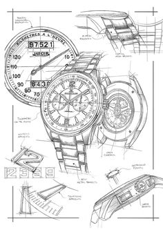 a drawing of a wrist watch with instructions for the hands and dials on it