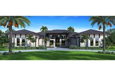 this is an artist's rendering of the front elevation of a house with palm trees