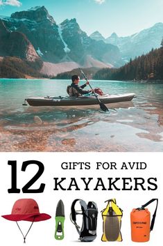 the cover of 12 gifts for avid kayakers, featuring an image of a man in a canoe