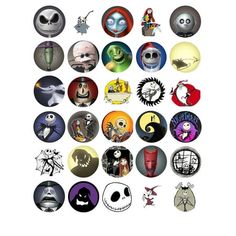 a bunch of buttons with different types of characters on them, all in various shapes and sizes