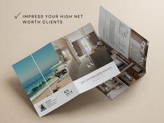 an open brochure is shown with images of the inside of it and text that says, express your high net worth client's