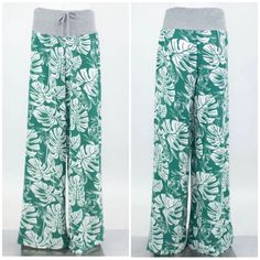 Cute And Casual Wide Leg Pants, Wintergreen And White Color. 97% Polyester 3% Spandex Waist Part Has Stretch, Bottom Part None Green Wide-leg Loungewear Pants, Green Stretch Pants For Loungewear, Stretch Green Pants For Loungewear, Green Stretch Bottoms For Loungewear, Stretch Green Bottoms For Loungewear, Tropical Green Bottoms With Elastic Waistband, Tropical Loungewear Pants, Tropical Green Cotton Bottoms, Green Loungewear Trousers