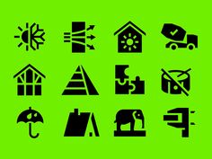 various black and white icons on a green background