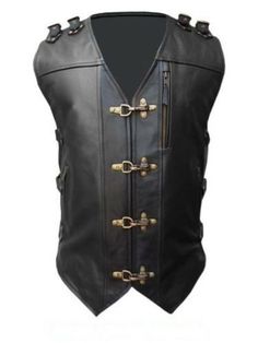 MENS REAL COW LEATHER BLACK HEAVY DUTY MOTORCYCLE BIKER STYLE VEST WAISTCOAT -B24 One of our most exclusive Heavy Duty Motorcycle Bikers Inspired pieces in our collection. Made from 100% REAL Genuine Soft Milled Cow Leather. A beautiful Hand Finished garment Crafted with Care to Guarantee It's Distinctive Look!!! The attached polyester lining and high quality stitching around the arms, waist, and panels show the top quality and high standard finish of this waistcoat. Features: Front 4 Fish Hook Gothic Leather Outerwear For Biker Events, Punk Style Vest Outerwear For Fall, Biker Style Vest Outerwear For Biker Events, Biker Style Vest For Biker Events, Moto Vest For Biker Events In Fall, Moto Style Vest For Biker Events In Fall, Leather Vest Jacket For Fall Biker Events, Winter Biker Vest With Pockets, Black Moto Vest For Fall