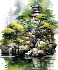 an artistic painting of a waterfall and pagoda