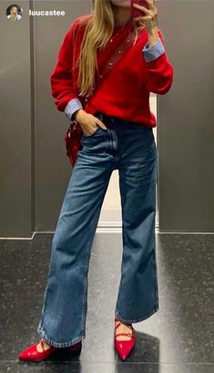 60s Inspired Work Outfits, Wide Leg Jeans Outfit Flats, Red Pointy Flats Outfit, Styling Navy Pants, Red Cropped Cardigan Outfit, Blue Shirt Outfit Aesthetic, Work Outfits Colorful, Red And Navy Blue Outfit, Colourful Work Outfits Women