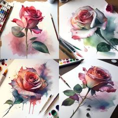 four pictures of roses with watercolor paints on them