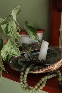 a candle is sitting on a plate with green beads and a potted plant in the background