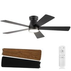 a ceiling fan with remote control and various shades of wood in front of white background