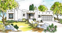 this is an artist's rendering of a southwestern style house with stucco and stone accents