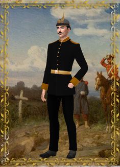 a painting of a man in uniform standing next to a horse