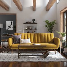 a living room filled with furniture and wooden beams