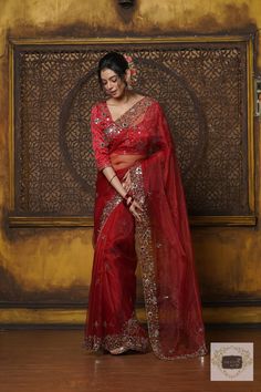 Red Glass Tissue Sheesh Mahal Saree – kreationbykj