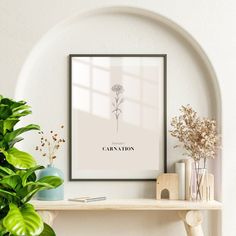 there is a plant on the shelf next to a framed poster that says contemplation