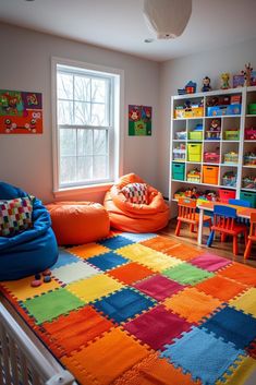 a child's playroom with toys and bookshelves in the corner,