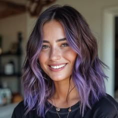 Black Hair With Lilac Money Pieces, Dark Brown And Violet Hair, Light Purple Tips Hair, Black To Lavender Hair, Hair For Fair Skin Hazel Eyes, Low Maintenance Purple Hair, Brunette Hair With Color Underneath, Colored Money Piece Hair Brunette, Lavender Money Piece Hair Brunette