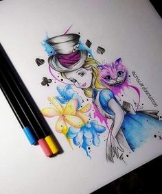 a drawing of a girl with a top hat and cat on her head next to two markers