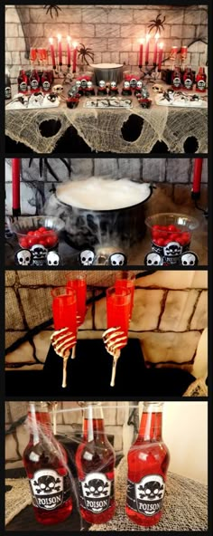 the table is set up with red drinks and candles for halloween party guests to enjoy