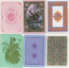 four different colored cards with pictures of birds and flowers in the middle one has an ornate border