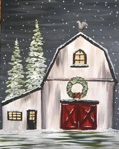 a painting of a barn with a wreath on the door and trees in the background