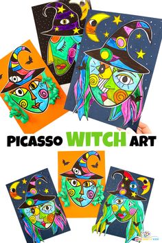 some pictures with the words picasso witch art on them