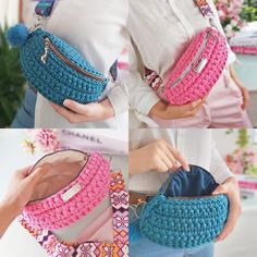 two women are holding purses made from crocheted material, one is pink and the other is blue