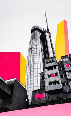 an image of a city with tall buildings in the foreground and colorful blocks in the background