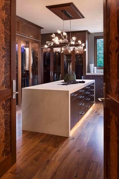 an open closet with wooden floors and lights hanging from it's ceiling above the counter