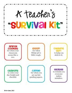 a teacher's survival kit is shown with the words, and instructions for how to use