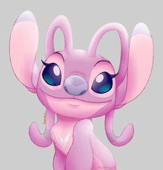 a pink cartoon animal with big eyes and large ears, sitting in front of a gray background