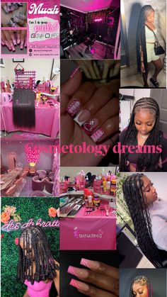 a collage of photos with pink and black nail polishes, lipsticks, and makeup