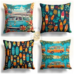 four different pillows with surfboards and van images on the front, back and sides