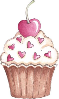 a watercolor drawing of a cupcake with a cherry on top and hearts in the icing