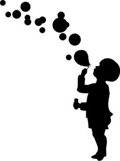 a silhouette of a person blowing bubbles on a white background with black and gray circles