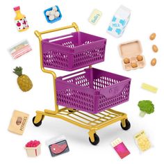 two plastic shopping carts with food and condiments