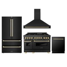 an oven, range and refrigerator with gold trimmings on the doors are shown