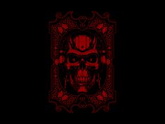 a red and black skull on a black background