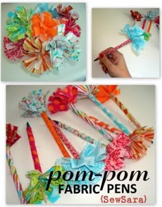 four pictures of different types of hair bows on display with the words pomp - pom fabricpenns below them