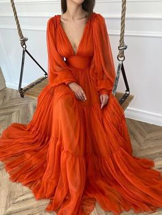 A-Line Evening Gown Elegant Dress Red Green Dress Formal Wedding Guest Floor Length Long Sleeve V Neck Chiffon with Ruched 2024 2024 - $157.99 Green Dress Formal, Gaun Ruffle, Orange Evening Dresses, Red Green Dress, Beauty Pageant Dresses, True Autumn, Chiffon Ruffle Dress, Formal Wedding Guests, Orange Chiffon